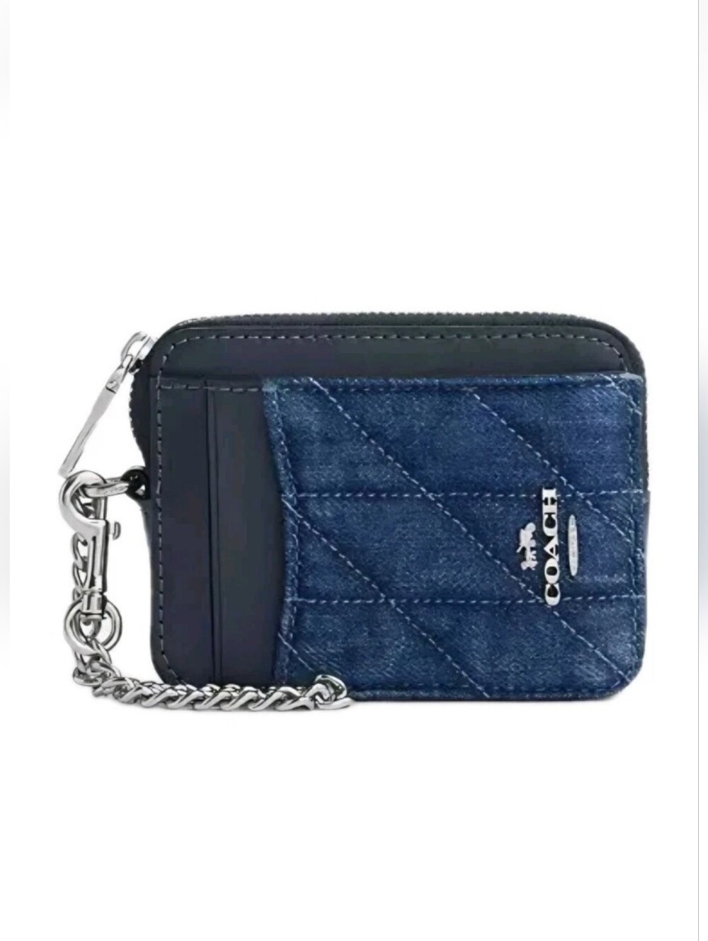 Coach Quilted Denim Zip Card Case Chain Wallet Blue NWT